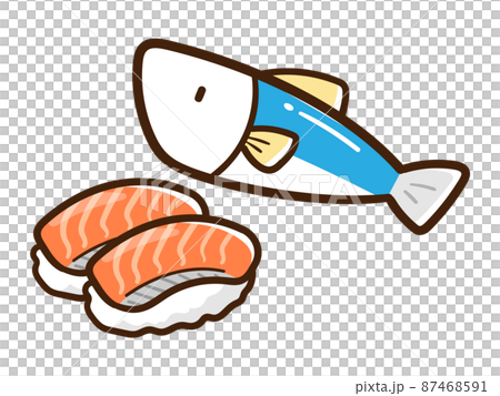 魚とサーモンの寿司のかわいい手描き風イラスト 87468591