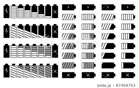 Battery charge vector icon set. Vector set of mobile interface top line icons for and phone charge level. Flat style. Vector 87468763