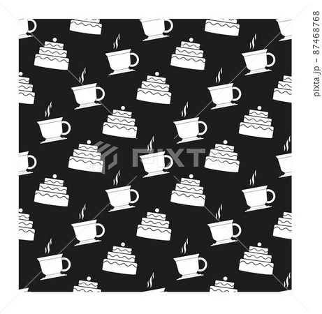 Seamless coffee and cake pattern. Tea and cakes pattern. Menu design. Vector illustration. Tea and cake seamless pattern. White silhouette on a black background. Vector 87468768