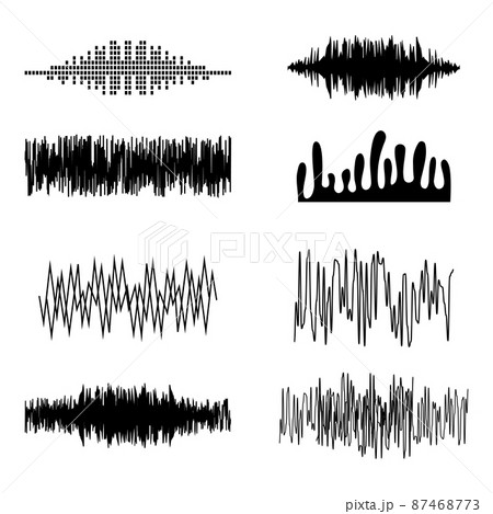 Sound wave icon set. Compare audio and stereo, tune. Black and white vector illustration isolated on white background 87468773