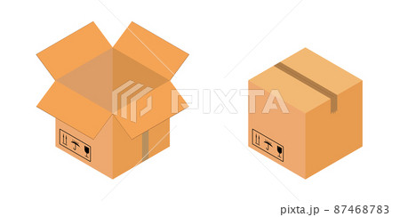 Open and closed cardboard boxes with a tape with road signs. Isolated vector on white background. Design for delivery service. Vector 87468783