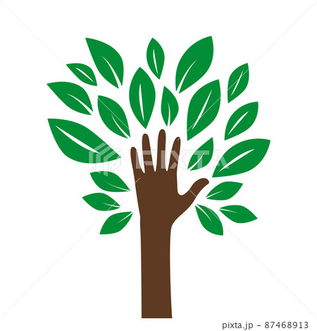 Illustration of a hand forming a tree with leaves helping nature. Dispose of, save the earth or stop the concept of global warming represented by the green sign. Isolated on white.Vector 87468913