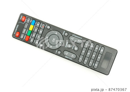 Remote control for digital TV tuners, music players, and disk drives on a white background 87470367