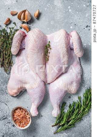 Raw spatchcock chicken meat with garlic and thyme. Gray background. Top view Raw spatchcock chicken meat with garlic and thyme. Gray background. Top view 87470727
