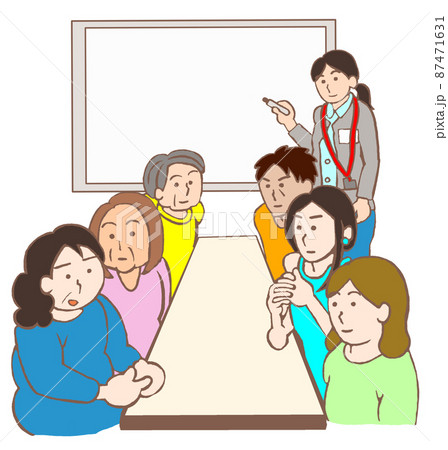 精神科デイケア　ミーティングに参加する利用者とホワイトボードに記録をとる職員のイラスト 87471631