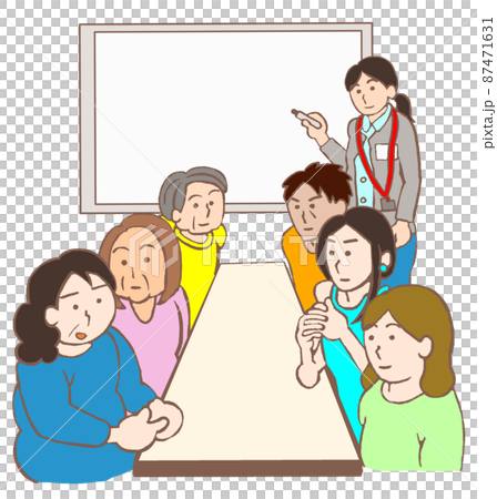 精神科デイケア　ミーティングに参加する利用者とホワイトボードに記録をとる職員のイラスト 87471631