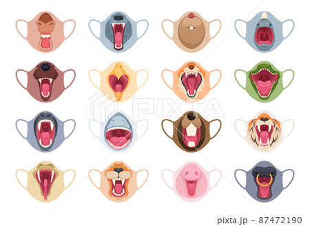 Protection mask. Faces of angry animals decoration illustration on mask exact vector templates set Protection mask. Faces of angry animals decoration illustration on mask exact vector templates set 87472190
