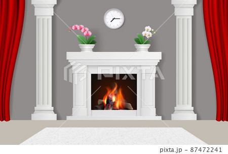 Interior with fireplaces. Modern home place with decorative fireplaces decent vector realistic background template 87472241