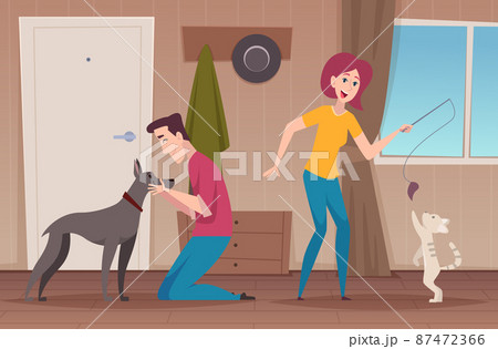 People playing with animals. Happy domestic animals owners funny cats and dogs exact vector cartoon background illustration 87472366
