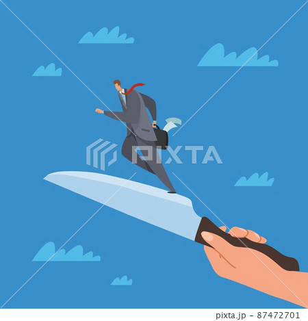 Blade runner. Dangerous path to success, shaky cases. Businessman running to goal, hard way, career ambition and opportunities, risk and danger deal, vector cartoon flat concept 87472701