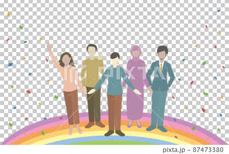 ダイバーシティ、多様性を表した虹の上に立つ多国籍な人物 ダイバーシティ、多様性を表した虹の上に立つ多国籍な人物 87473380
