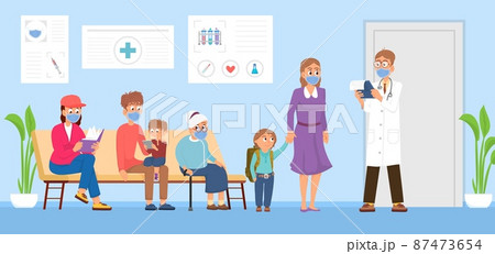 Doctor visiting. Waiting line, patients wear mask in hospital. Professor, health examination. Visit clinic for vaccination or check up, decent vector scene Doctor visiting. Waiting line, patients wear mask in hospital. Professor, health examination. Visit clinic for vaccination or check up, decent vector scene 87473654