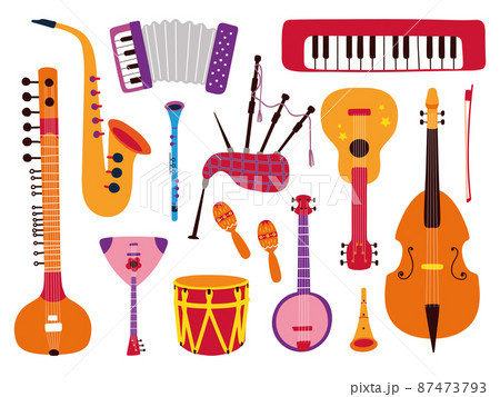 Cartoon musical instruments. Composer instrument, guitar and violin. Isolated accordion, band music elements. Flute saxophone, entertainment or hobby classy vector set 87473793