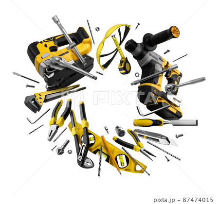 Construction tools levitate on a white background Construction tools levitate on a white background 87474015