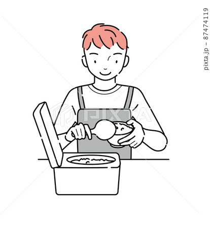 炊飯ジャーからご飯をよそう男性 87474119