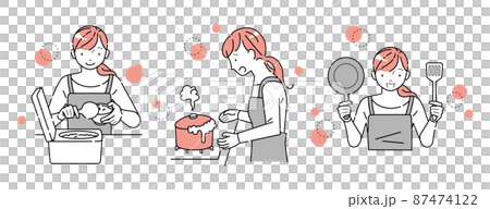 キッチンで家事をする女性のセット(ご飯をよそう 鍋が吹きこぼれる 調理道具を持つ) キッチンで家事をする女性のセット(ご飯をよそう 鍋が吹きこぼれる 調理道具を持つ) 87474122