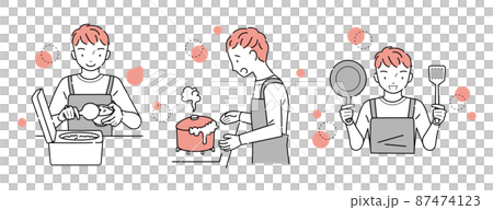 A set of men doing household chores in the kitchen (with cooking utensils that let the rice boil over) A set of men doing household chores in the kitchen (with cooking utensils that let the rice boil over) 87474123
