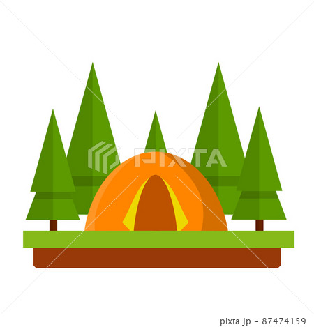 Orange tent in the woods. Outdoor activity. Camp and hike. Orange tent in the woods. Outdoor activity. Camp and hike. 87474159