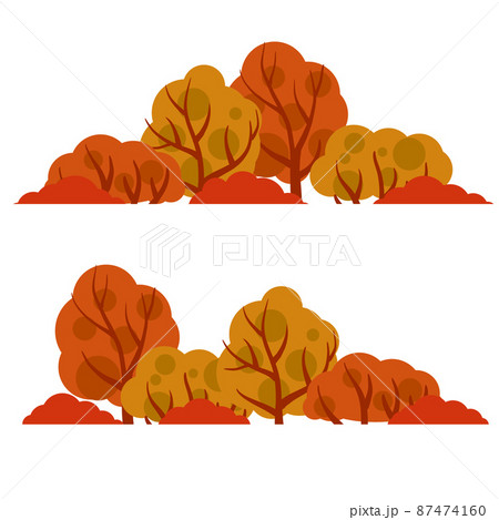 Autumn forest. Trees with red and orange leaves. Bushes and branches Autumn forest. Trees with red and orange leaves. Bushes and branches 87474160
