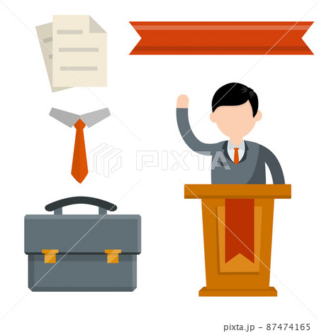 Debate. Political election. Set of business icons. Man on rostrum and podium Debate. Political election. Set of business icons. Man on rostrum and podium 87474165