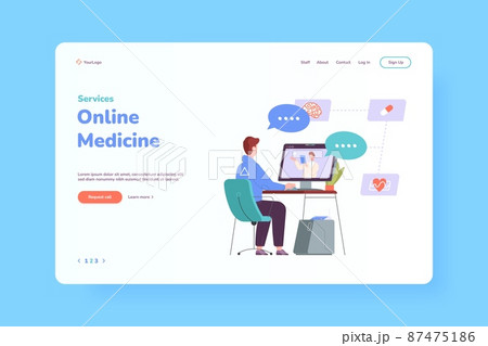 Telehealth technology. Virtual doctor, health database patients diagnoses, online medicine, video appointment in computer, vector illustration Telehealth technology. Virtual doctor, health database patients diagnoses, online medicine, video appointment in computer, vector illustration 87475186