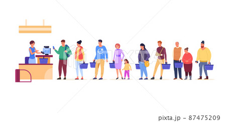 Queue store customers. Standing people at counter cashier in supermarket, waiting man paying cash purchase register grocery shop, cartoon customer line Queue store customers. Standing people at counter cashier in supermarket, waiting man paying cash purchase register grocery shop, cartoon customer line 87475209