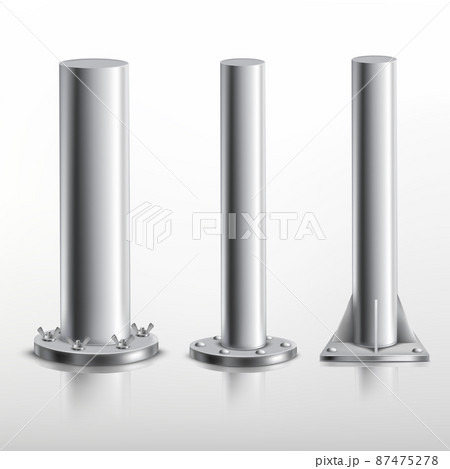 Realistic metal pole. Metalic or aluminum base of steel pillar, iron structure pipe for lighting road, round palo circular column stand billboard post, 3d tidy vector illustration Realistic metal pole. Metalic or aluminum base of steel pillar, iron structure pipe for lighting road, round palo circular column stand billboard post, 3d tidy vector illustration 87475278