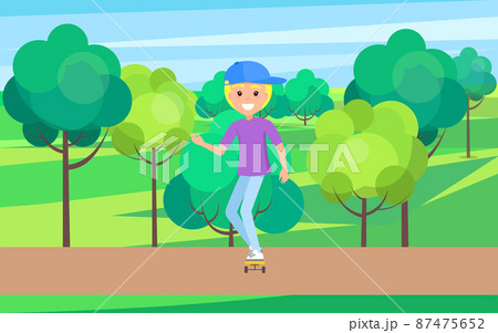 Skater Outdoors, Young Skater in Cute Hat Riding 87475652