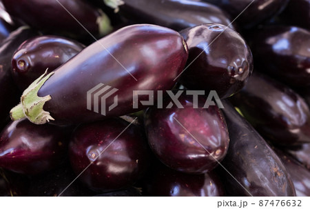 Fresh eggplant on market counter 87476632