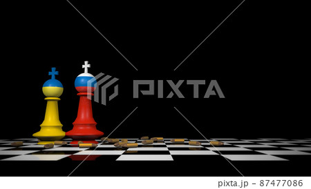 3D rendering, Mock up of Ukraine and Russia flag on chess, dropping bullets around the chess, blank empty space for copy, chess board and shadow darkness on background. 3D rendering, Mock up of Ukraine and Russia flag on chess, dropping bullets around the chess, blank empty space for copy, chess board and shadow darkness on background. 87477086