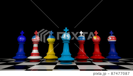 3D rendering, Mock up of Ukraine, Russia, China, USA, European Union, DPR of Korea and UN flag on chess, political conflict illustration concept, chess board and shadow darkness on background. 3D rendering, Mock up of Ukraine, Russia, China, USA, European Union, DPR of Korea and UN flag on chess, political conflict illustration concept, chess board and shadow darkness on background. 87477087