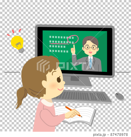 插圖素材：一個微笑的小學生（女孩/燈泡標記）從老師那裡上在線課程，看著電腦屏幕 87478978