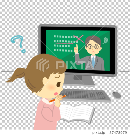插圖素材：小學生（女孩/問號）看著電腦屏幕上在線課程時表情焦慮 87478979