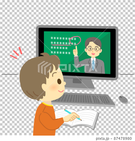 Illustration material: Smiley elementary school student (boy / positive) taking an online class from a teacher looking at a computer screen 87478980