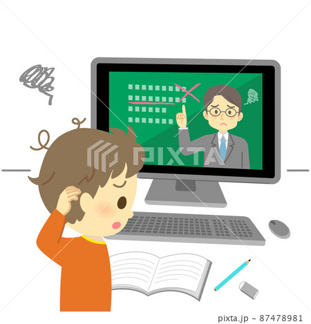 イラスト素材:パソコンでオンライン授業を受けても分からない表情の小学生(男の子) イラスト素材:パソコンでオンライン授業を受けても分からない表情の小学生(男の子) 87478981