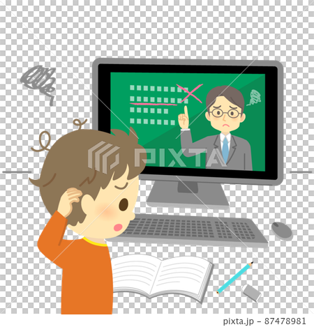 イラスト素材:パソコンでオンライン授業を受けても分からない表情の小学生(男の子) イラスト素材:パソコンでオンライン授業を受けても分からない表情の小学生(男の子) 87478981