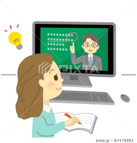 イラスト素材:パソコン画面を見てオンライン授業を先生から受ける笑顔の若い女性 87478982