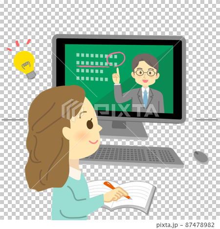 イラスト素材:パソコン画面を見てオンライン授業を先生から受ける笑顔の若い女性 87478982