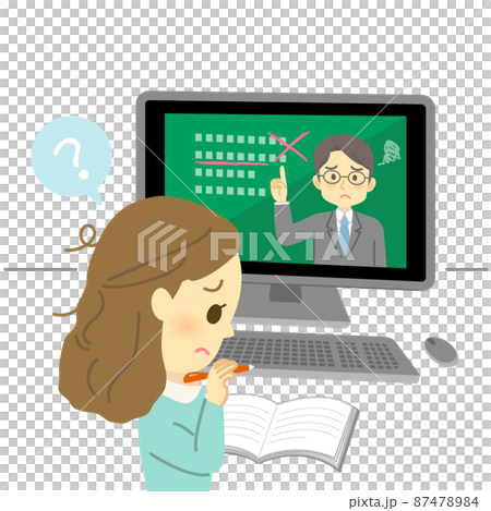 插圖素材：一名年輕女子看著電腦屏幕上在線課程但表情不安 87478984