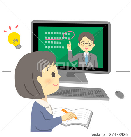 イラスト素材:パソコン画面を見てオンライン授業を先生から受ける笑顔の若い女性（学生） 87478986