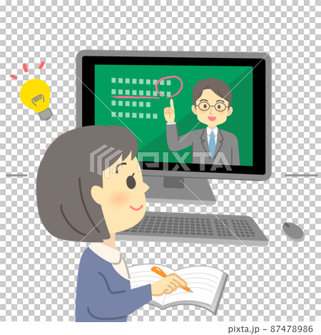 イラスト素材:パソコン画面を見てオンライン授業を先生から受ける笑顔の若い女性（学生） 87478986