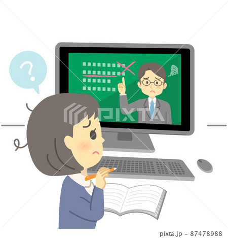 イラスト素材:パソコン画面を見てオンライン授業を受けるが不安な表情の若い女性(学生) イラスト素材:パソコン画面を見てオンライン授業を受けるが不安な表情の若い女性(学生) 87478988