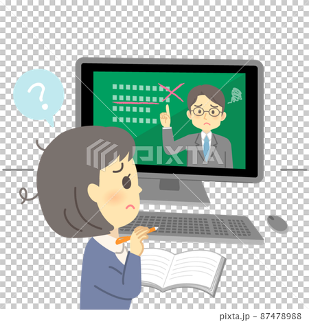 イラスト素材:パソコン画面を見てオンライン授業を受けるが不安な表情の若い女性(学生) イラスト素材:パソコン画面を見てオンライン授業を受けるが不安な表情の若い女性(学生) 87478988