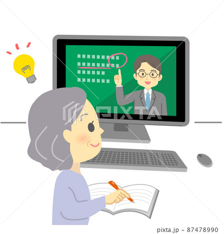イラスト素材:パソコン画面を見てオンライン授業を先生から受ける笑顔の年配の女性(シニア) イラスト素材:パソコン画面を見てオンライン授業を先生から受ける笑顔の年配の女性(シニア) 87478990