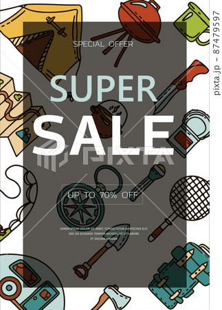 Doodle vector camping bannersset. Sketch hiking Icons.Hand draw illustration for summer picnic in nature. Camping equipment Doodle vector camping bannersset. Sketch hiking Icons.Hand draw illustration for summer picnic in nature. Camping equipment 87479597