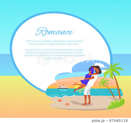 Romance Web Poster with Couple Embracing Seashore 87480118