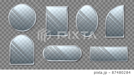 Realistic framed glass banners. Transparent different shapes surfaces with minimalist metal borders. Glossy reflection. Rectangle and round screens. Vector isolated objects mockup set Realistic framed glass banners. Transparent different shapes surfaces with minimalist metal borders. Glossy reflection. Rectangle and round screens. Vector isolated objects mockup set 87480284