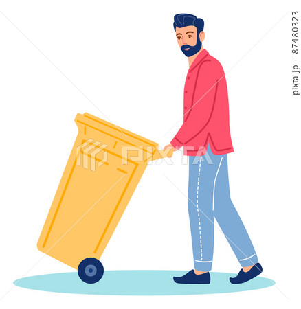 Man dragging trash bin. Guy with garbage container Man dragging trash bin. Guy with garbage container 87480323