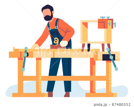 Carpenter working. Man smoothing wood with plane 87480352