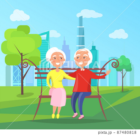 Grandparents Sit on Bench in City Park at Skyscrapers Grandparents Sit on Bench in City Park at Skyscrapers 87480818